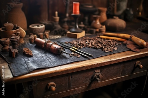close-up of leather on workbench with shoemaking tools