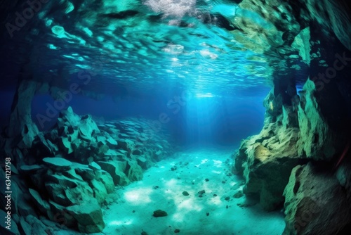 wide-angle shot of underwater ice cave
