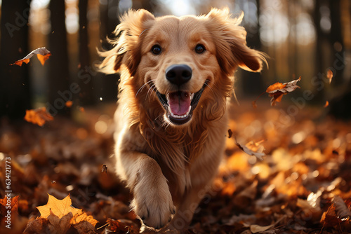 Happy golden retriever dog on a walk in an autumn forest