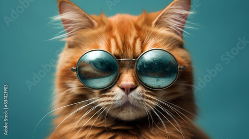 Closeup portrait of funny ginger cat wearing sunglasses isolated on light cyan. cool cat