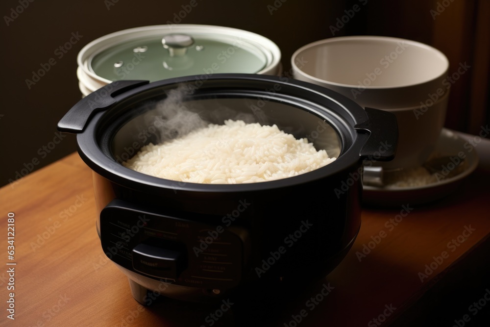 rice cooker with open lid, showing cooked rice rice cooker with open lid, showing cooked rice