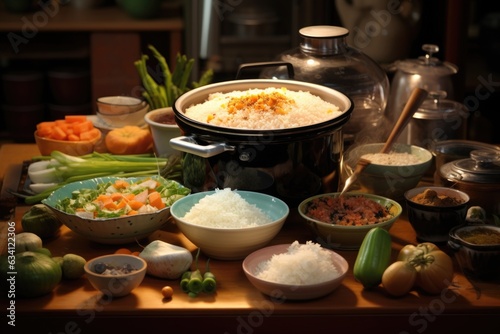 rice cooker surrounded by asian cuisine dishes