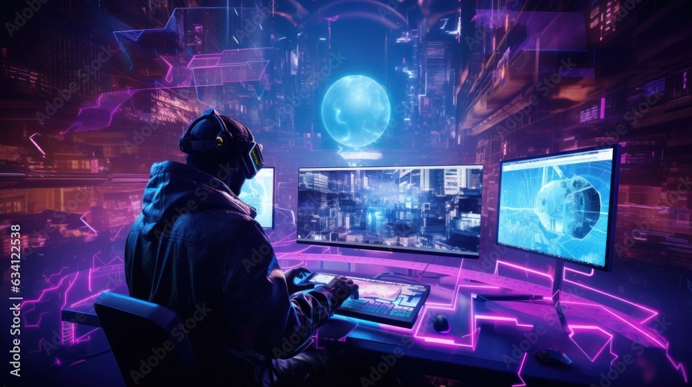 Craft a scene featuring a proficient hacker in a cyberpunk world ...