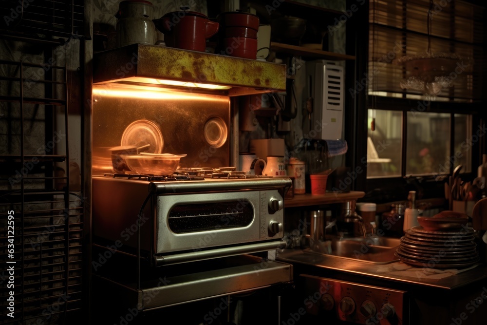 glowing toaster oven in a dimly lit kitchen for a cozy ambiance glowing toaster oven in a dimly lit kitchen for a cozy ambiance