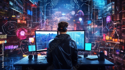 Craft a scene featuring a proficient hacker in a cyberpunk world, encircled by holographic interfaces, complex code, and elements of virtual reality