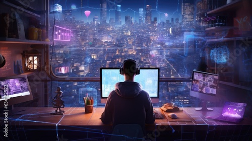 Craft a scene featuring a proficient hacker in a cyberpunk world, encircled by holographic interfaces, complex code, and elements of virtual reality
