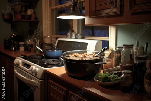 glowing slow cooker in dimly lit kitchen for cozy atmosphere