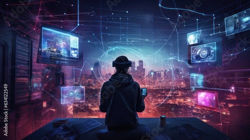 Craft a scene featuring a proficient hacker in a cyberpunk world  encircled by holographic interfaces  complex code  and elements of virtual reality