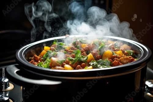 steam rising from a hot slow cooker meal photo