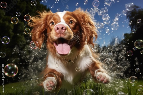 sudsy dog playing with floating bubbles