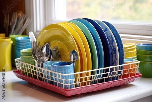 dish rack filled with clean, colorful dishes photo