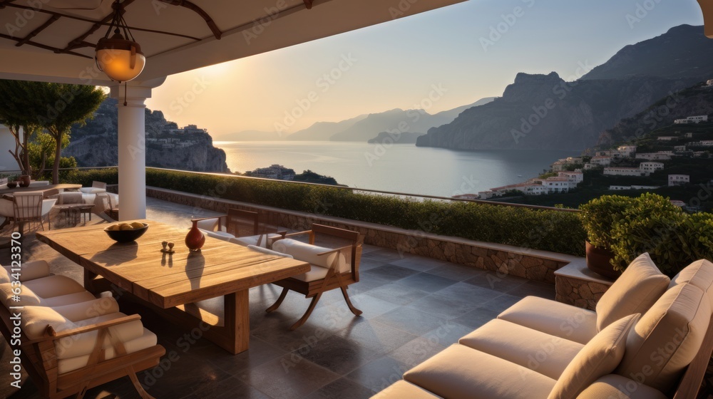 Fototapeta premium Exquisite villa perched on the stunning Amalfi Coast of Italy, offering unparalleled vistas of the glistening Mediterranean Sea and terraced cliffs