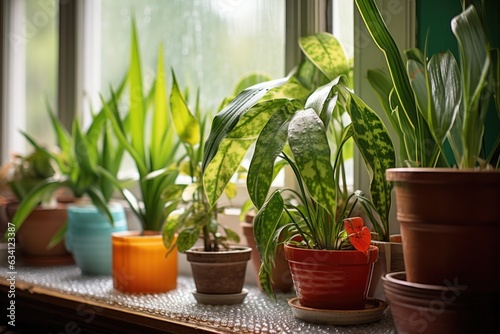 houseplants with water droplets on windowsill