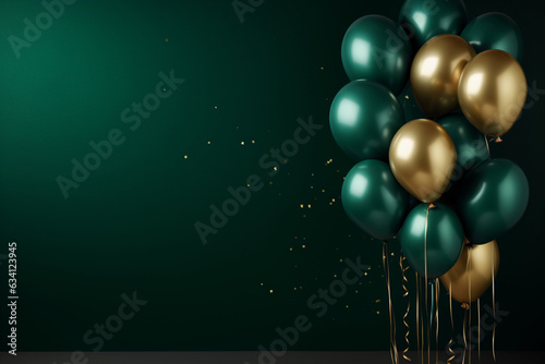 Fotografiet Green and golden balloons with confetti on green background