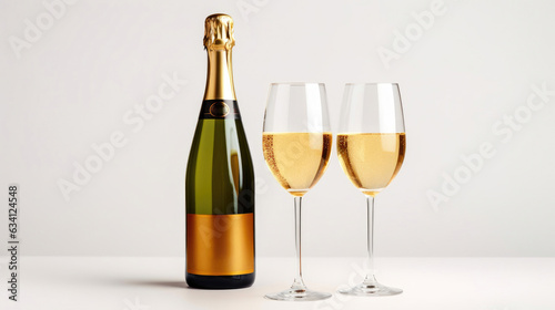 Two Glasses, Bottle, and White Table