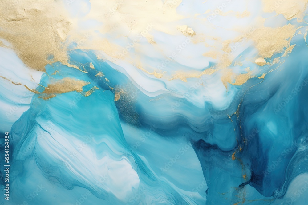 Naklejka premium Serenade of Gold and Turquoise Blue Pastel Abstract Marble Whispers Turquoise Gold Abstract on Blue Canvas