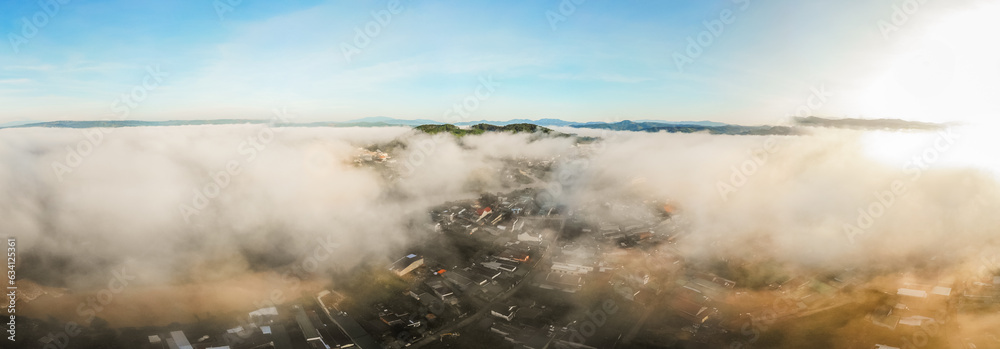created by dji camera Panoramic photo of Dinh Van town in the fog Dinh Van town, Lam Ha district, Lam Dong province, Vietnam