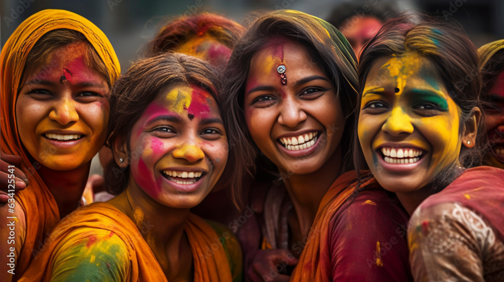 AI generated, realistic illustration of the holi festival in India. Group of smiling people, colored smiling faces with vibrant colors during the celebration of the holi festival in India. Multi-color AI generated, realistic illustration of the holi festival in India. Group of smiling people, colored smiling faces with vibrant colors during the celebration of the holi festival in India. Multi-color