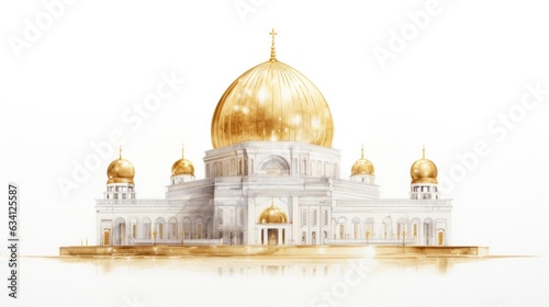 Watercolor of a mosque built in the traditional style isolated on white background.