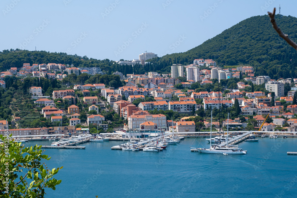 Beautiful view of the city of Dubrovnik in Croatia. Old Croatian town, marina, houses with red clay roofs