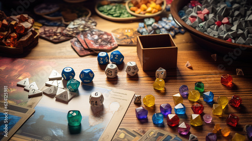 knolling, Board Game Pieces: A variety of board game pieces, dice, tokens, and cards laid out for a game night