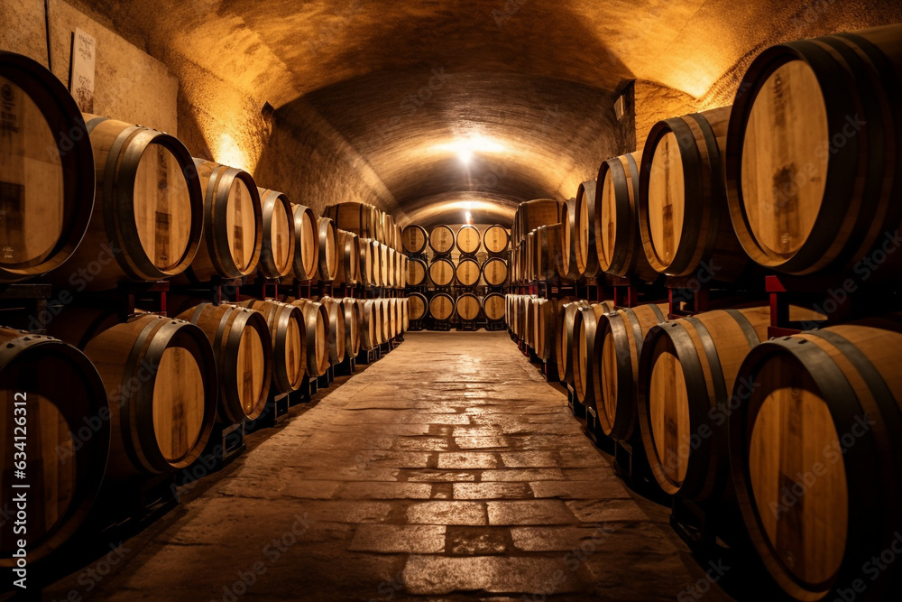 Old french oak wooden barrels in underground cellars for wine aging process, Vintage Barrels and Casks in Old Cellar: A Spanish Winery's Perfect Storage for Aging Delicious Wine. High quality photo