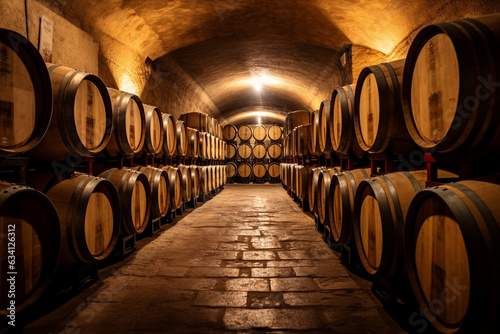 Old french oak wooden barrels in underground cellars for wine aging process, Vintage Barrels and Casks in Old Cellar: A Spanish Winery\'s Perfect Storage for Aging Delicious Wine. High quality photo