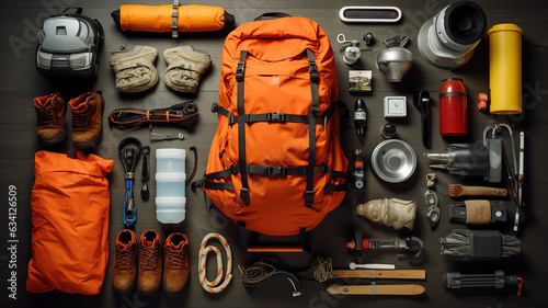 knolling, Outdoor Adventure Gear: Backpacks, compasses, water bottles, and hiking boots arranged for an outdoor adventure