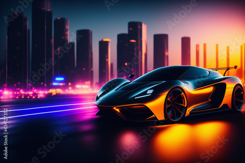 one Futuristic Self-Driving Van Moving on a Public Highway in a Modern City with Glass Skyscrapers. future sporty Driverless Autonomous Vehicle with spoiler. concept sport car. Generative ai.