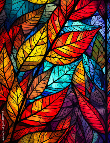 The colorful leaves in the stained glass background
