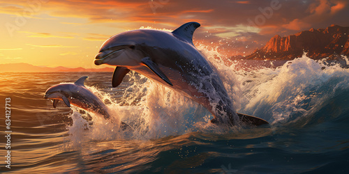 Two dolphins jumping at sunset © Art Gallery