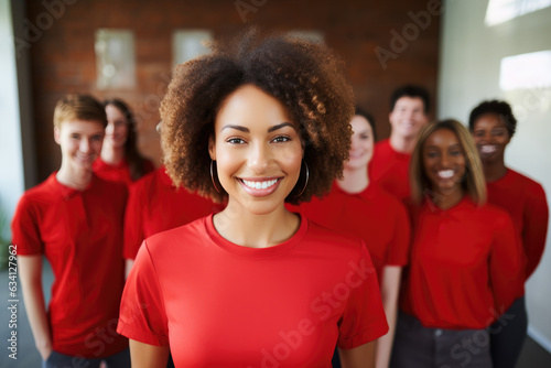 group of people standing in office, confident black woman wearing red leading corporate team with confidence 