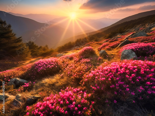 Mountainside Beauty Pink Flowers Amidst Peaks