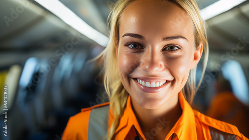 A close up shot of a female flight attendant, standing in the aisle of an airplane
