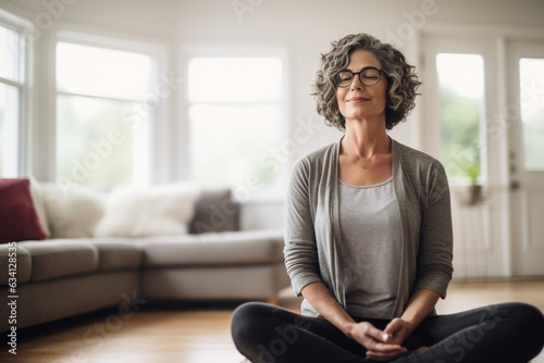 Middle aged woman meditating at home with eyes closed, relaxing body and mind in a living room. Mental health and meditation for no stress concept. Self care and wellbeing. High quality photo photo
