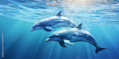 Fényképezés Pair of dolphins playing in sun rays underwater in the sea, marine animals in na