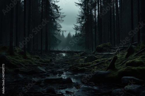 Fog seen in forest, Dark atmospheric mood © rushay
