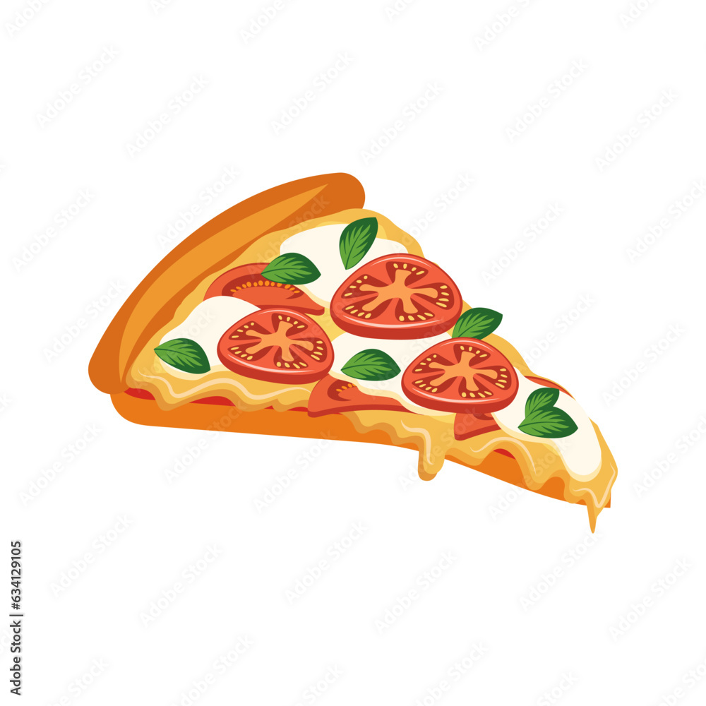 Pizza slice. Traditional italian fast food. Top view meal. European snack. Vector clip art illustration Isolated white background Pizza slice. Traditional italian fast food. Top view meal. European snack. Vector clip art illustration Isolated white background