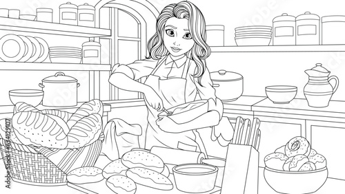 Vector illustration, cute girl confectioner prepares pastries, sweets, coloring book