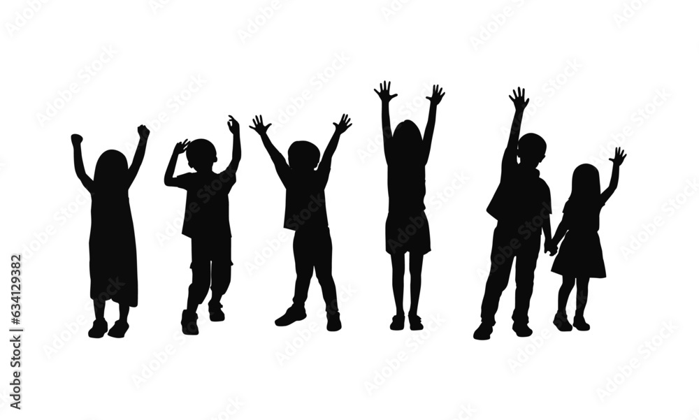 Group of happy children dancing, children raising hand