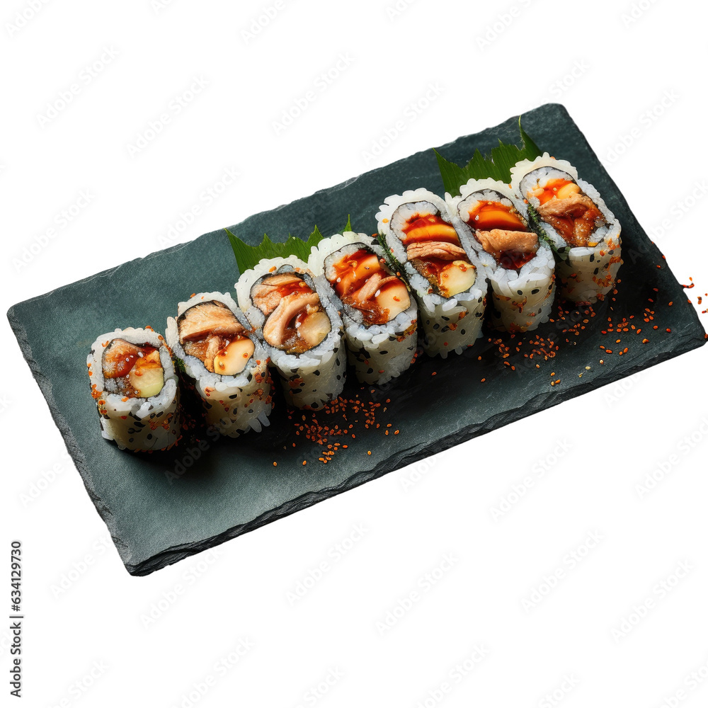 Japanese cuisine featuring eel sushi rolls on a transparent background Japanese cuisine featuring eel sushi rolls on a transparent background