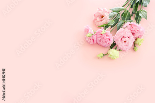 Top view image of delicate pink flowers over pastel background © tomertu