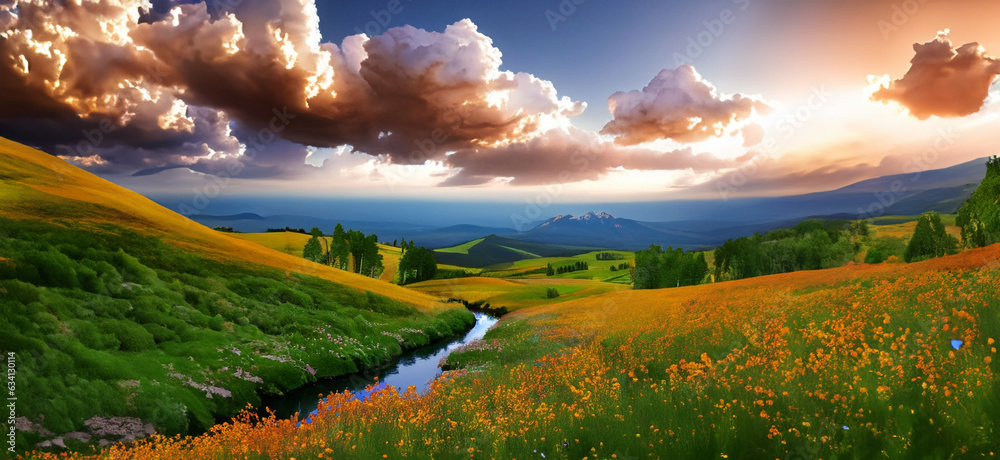A mountain stream in summer with clouds
