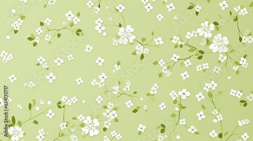 a horizontal image of graphic white flowers on a pale lime green background for mock-up, and produt presentation in a Commercially-themed image as a JPG horizontal format. Generative AI photo