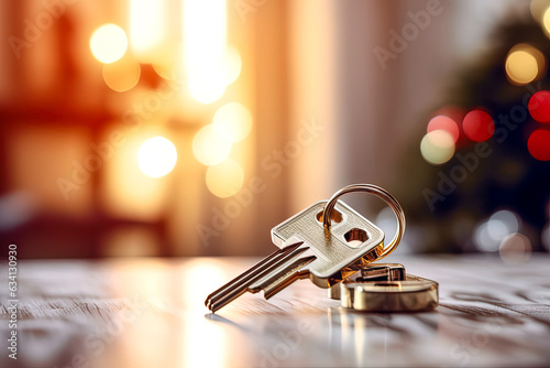 House keys on the table against blurred lights and Christmas tree. Mortgage and home loan, moving in new apartment in new year. Copy space photo