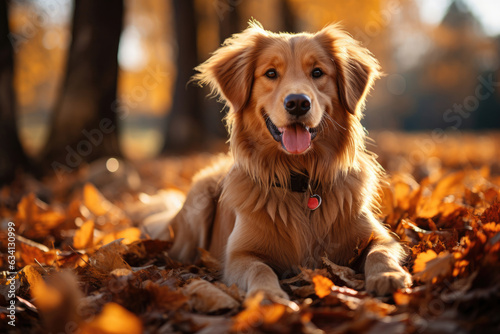 Golden retriever in golden autumn foliage