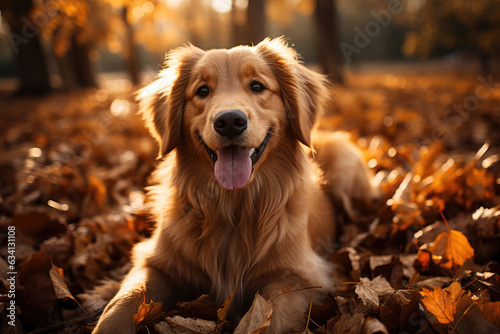 Golden retriever in golden autumn foliage