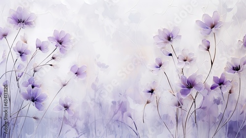 describing a horizontal image of pressed translucent light purple flowers on rice paper as a background in a Floral-themed image as a JPG horizontal format. Generative AI