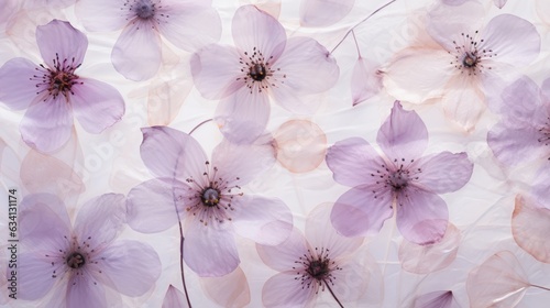 a horizontal image of pressed translucent light purple flowers on rice paper as a background in a Floral-themed image in a JPG horizontal format. Generative AI