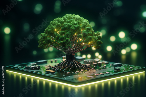 Tree growing on the converging point of computer circuit board. Green computing, Green technology, Green IT, CSR, and IT ethics. Concept of green technology. Environment green technology. High quality photo